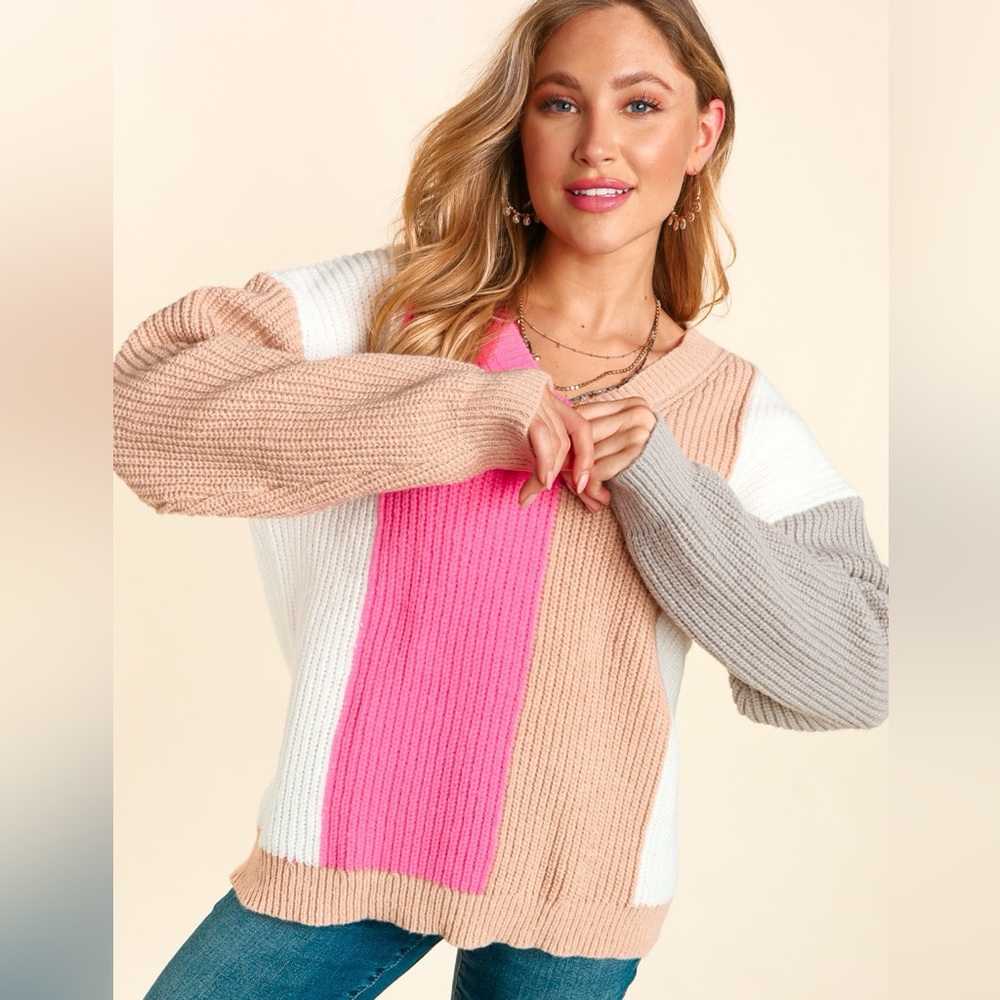 Color Block Knit V-Neck Pullover Relaxed Fit Sweater, Pink/Gray/Tan/White, S-M-L - Picture 7 of 10